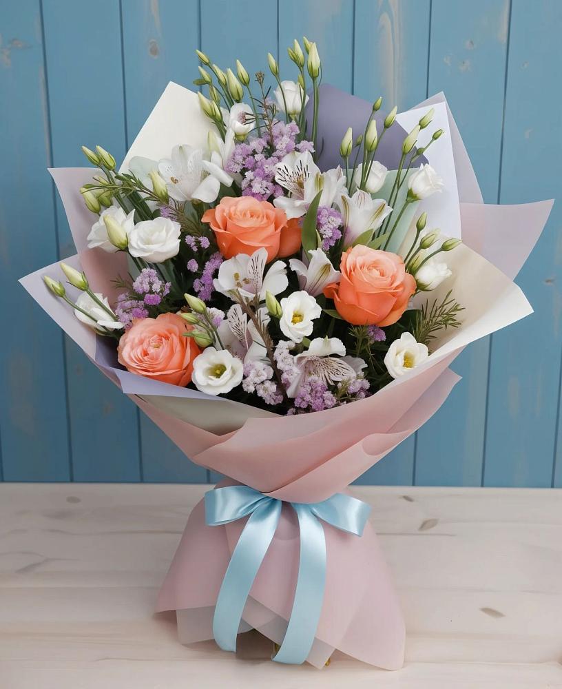 Букет цветов из: Лизиантусы, Розы, Альстромерии и Гипсофила в Верхнекундрюческой